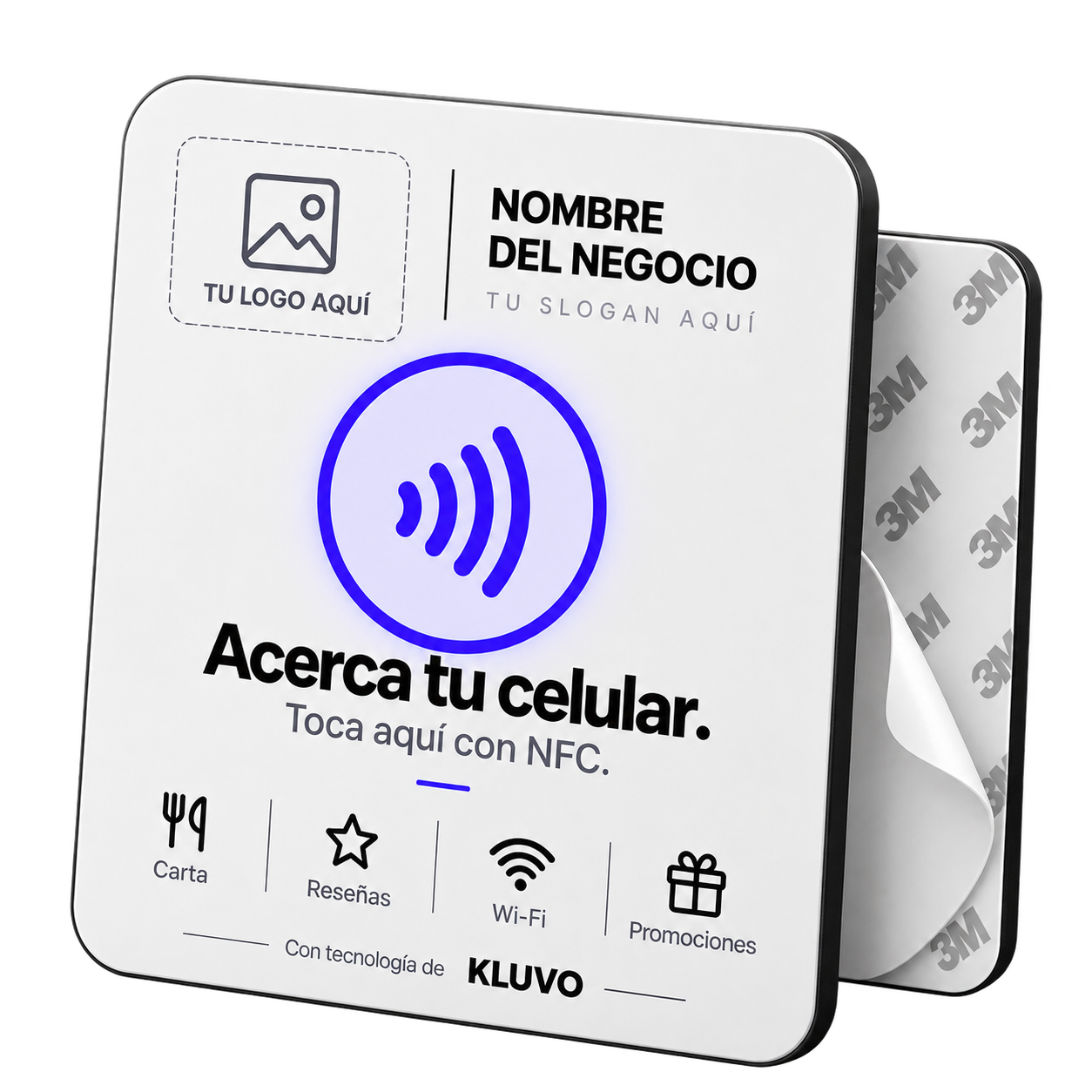 KLUVO TAP, placa NFC personalizable de 12 por 12 centímetros con adhesivo trasero